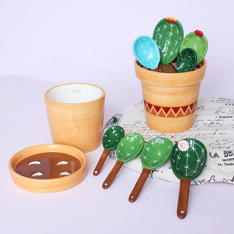 XDONEF Cactus Measuring Spoons Set in Pot Ceramic Cute Measuring Cups and Spoons Unique Baking Gifts for Dry Wet Ingredients Dishwasher Safe 1 Tbsp 1 TSP 1/2 TSP 1/4 TSP 1 Cup Blue - Image 3